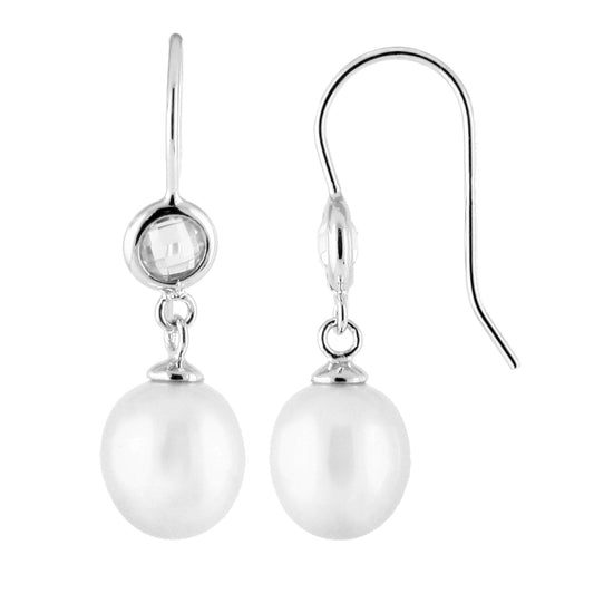 Dangling Bezel CZ Pearl Earrings
