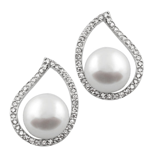 Fancy Sterling Silver CZ Pearl Halo Earrings