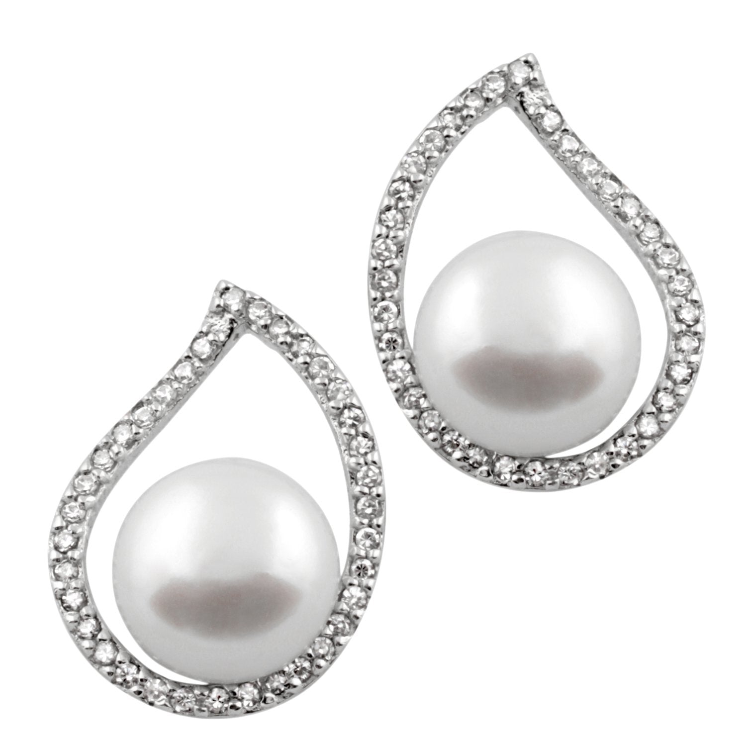 Fancy Sterling Silver CZ Pearl Halo Earrings